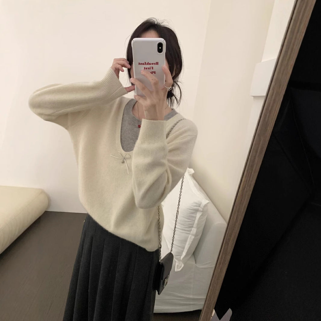 Damen Pullover mit elegantem V-Ausschnitt und edler Schleifenapplikation Drune