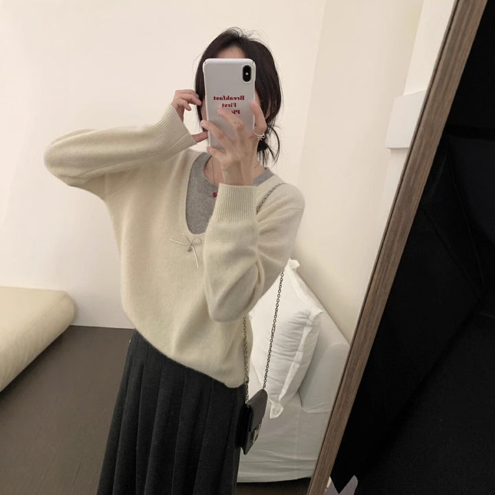 Damen Pullover mit elegantem V-Ausschnitt und edler Schleifenapplikation Drune