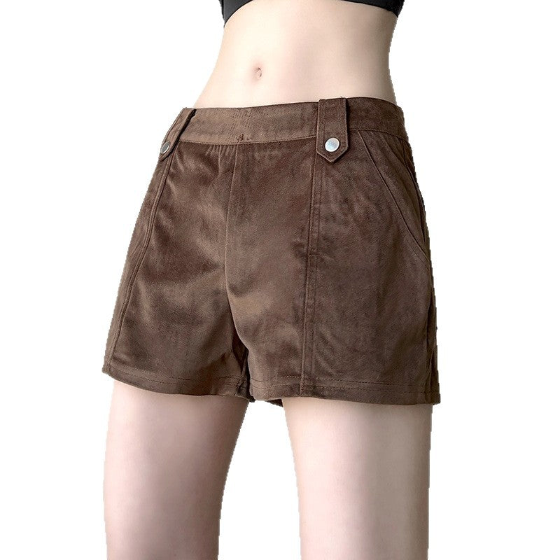Damen Kunstleder Shorts mit dekorativem Knopf und figurbetontem Schnitt Drune