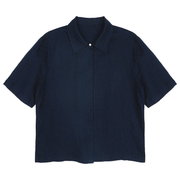 Damen Kurzärmlige Leinenbluse mit klassischem Kragen und lässigem Schnitt Drune