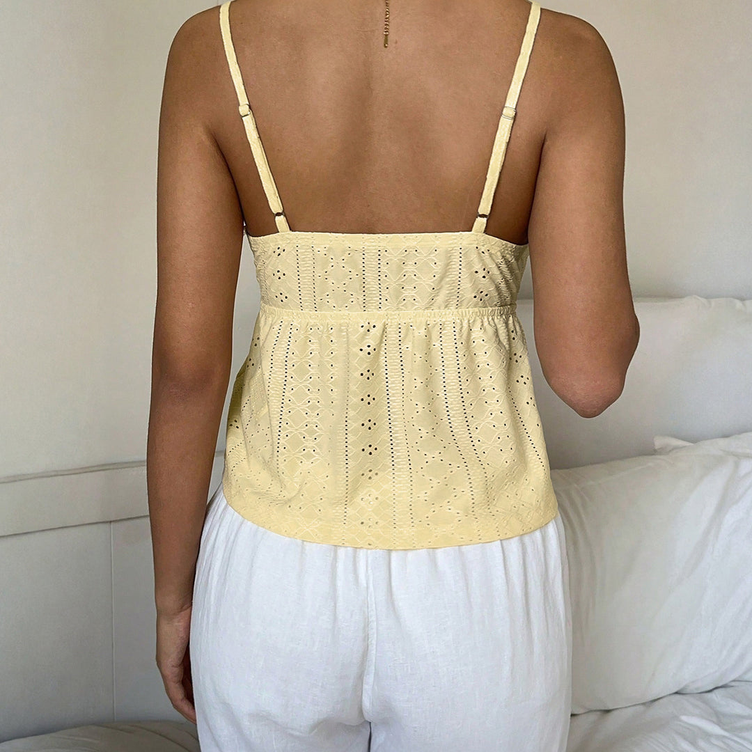 Damen Spaghetti-Trägertop mit feinem Spitzendetail und luftiger Baumwollstruktur Drune