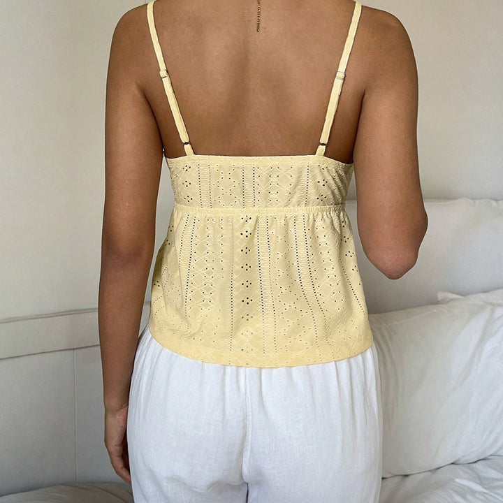 Damen Spaghetti-Trägertop mit feinem Spitzendetail und luftiger Baumwollstruktur Drune