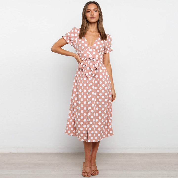 Damen Polka Dot A-Linie Midi Kleid mit Bindegürtel Drune