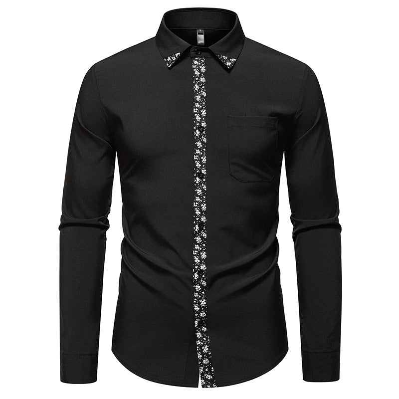 Herren elegantes Langarmhemd mit floralem Kragen und Brusttasche Drune