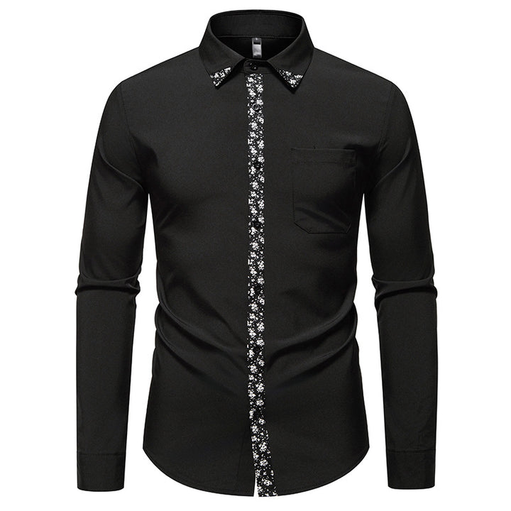Herren elegantes Langarmhemd mit floralem Kragen und Brusttasche Drune