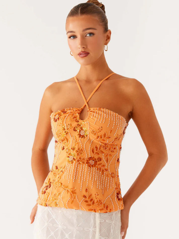 Damen Glitzerndes Bustier-Oberteil mit floralem Design und funkelnden Applikationen Drune