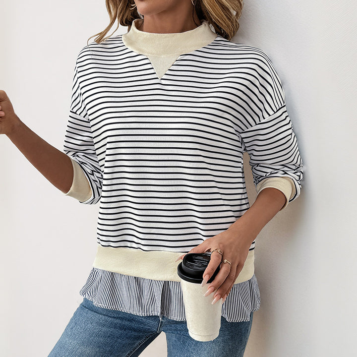 Damen modisches Sweatshirt mit asymmetrischem Streifenmuster und Rüschenabschluss Drune