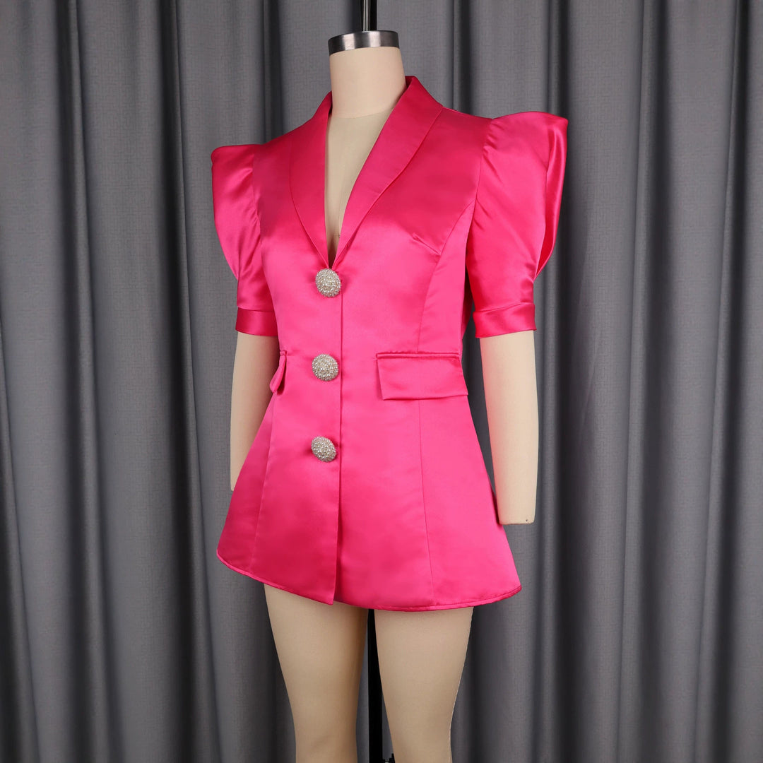 Damen Elegantes Blazer-Kleid mit Puffärmeln und Glitzerknöpfen Drune