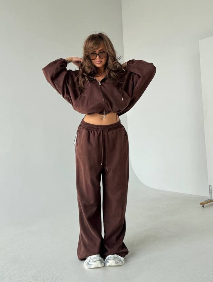 Damen Sportliches Velours-Jogginganzug-Set mit stylischer Kapuze und weitem Schnitt Drune