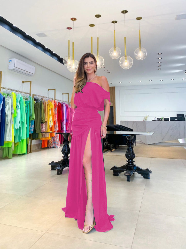 Damen Asymmetrisches Maxikleid mit Schlitz und Schulterfreiem Design Drune
