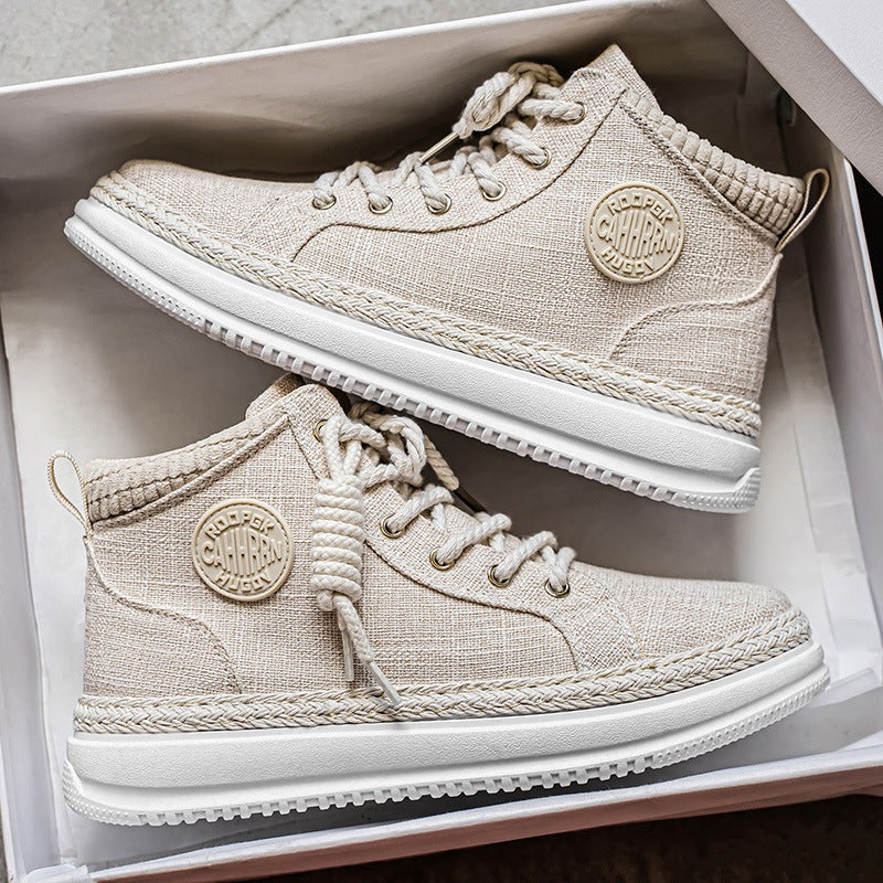 Damen hohe Freizeit‑Sneaker mit meliertem Textilobermaterial, geflochtener Jute‑Zierkante und gedämpfter Plateau‑Sohle Drune