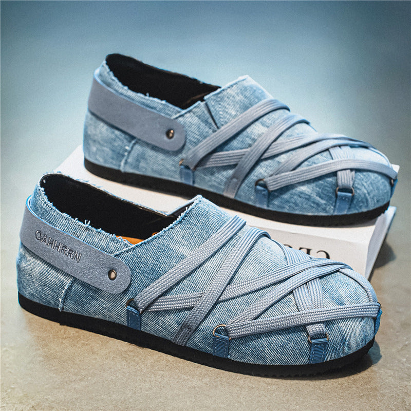 Herren lässige Slipper im Denim-Look mit elastischen Riemen, verstellbarem Fersenriemen und profilierter Gummisohle Drune