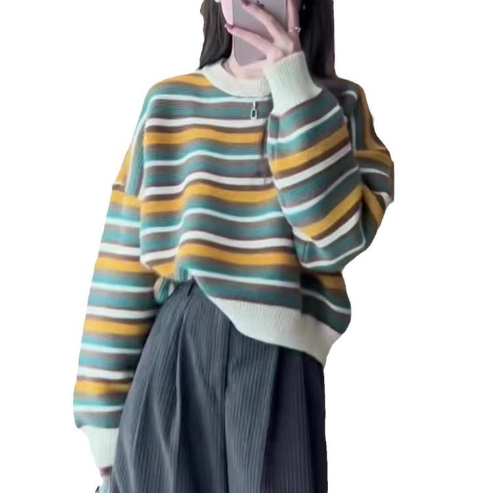 Damen gestreifter Pullover mit weitem Schnitt und modischen Details Drune