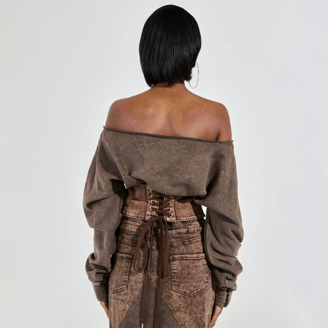 Damen Cropped Sweatshirt mit lässigem Off-Shoulder Design und modischem Bund Drune