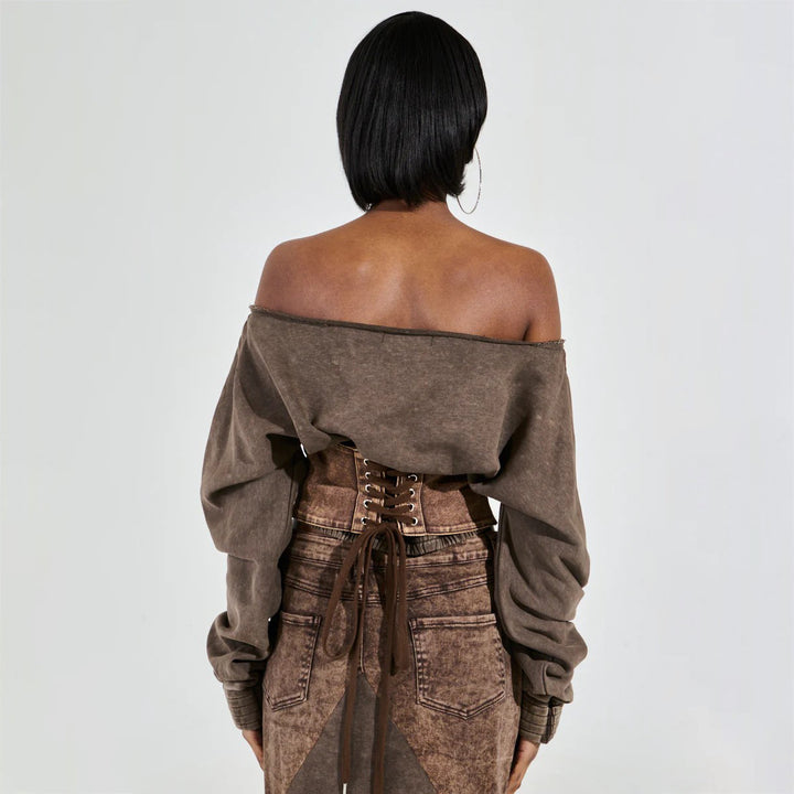 Damen Cropped Sweatshirt mit lässigem Off-Shoulder Design und modischem Bund Drune