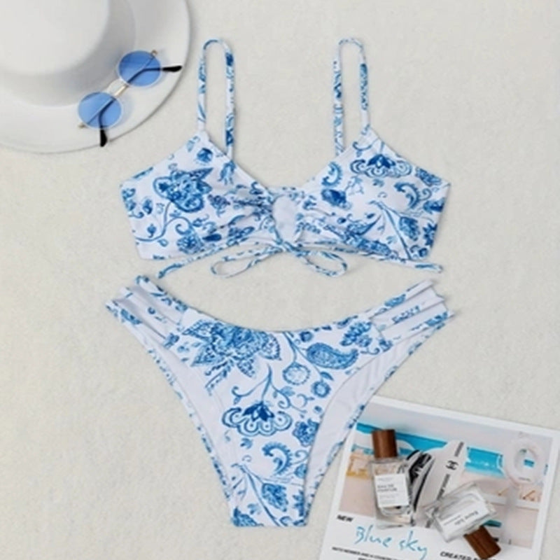 Damen Triangel-Bikini mit modischem Blumenmuster und Schnürdetails Drune
