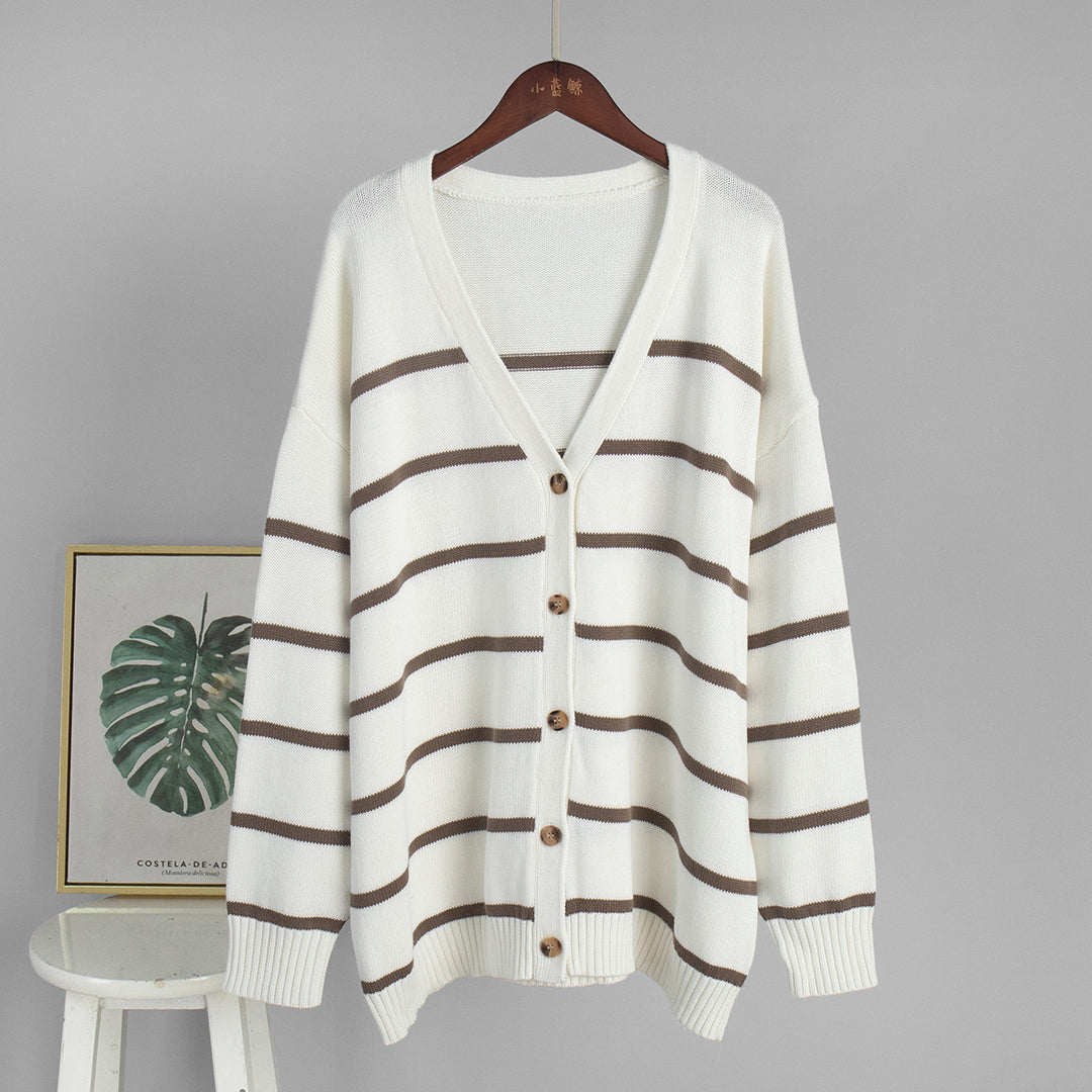 Damen Strickjacke mit breiten Streifen und Knopfverschluss Drune
