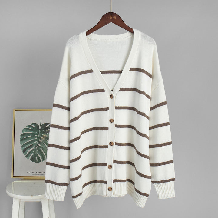 Damen Strickjacke mit breiten Streifen und Knopfverschluss Drune