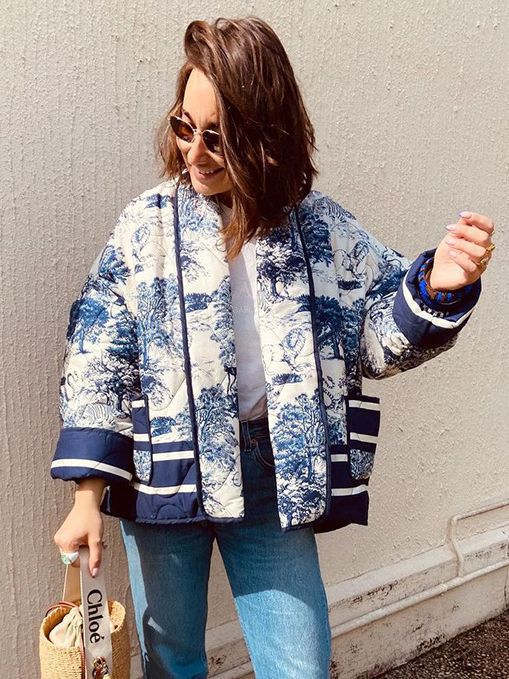 Damen Oversized Steppjacke mit floralem Muster und kontrastierenden Details Drune