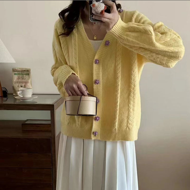 Damen Strickjacke mit dekorativen Knöpfen und Zopfmuster Drune