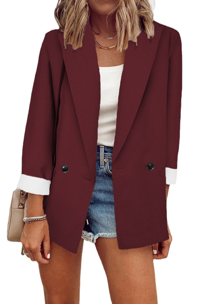 Damen eleganter Oversize-Blazer mit doppelter Knopfleiste und kontrastierenden Ärmeln Drune