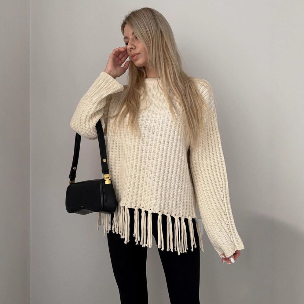 Damen Strickpulli mit Fransen Drune