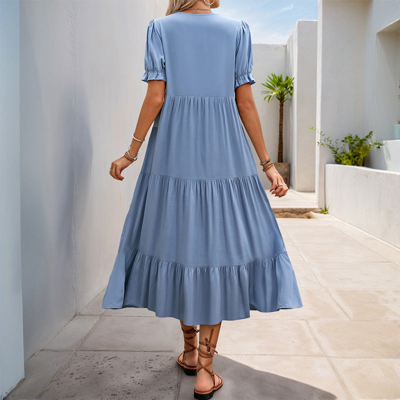 Damen Freizeit Maxikleid mit knopfverschluss und schwingendem Rock Drune