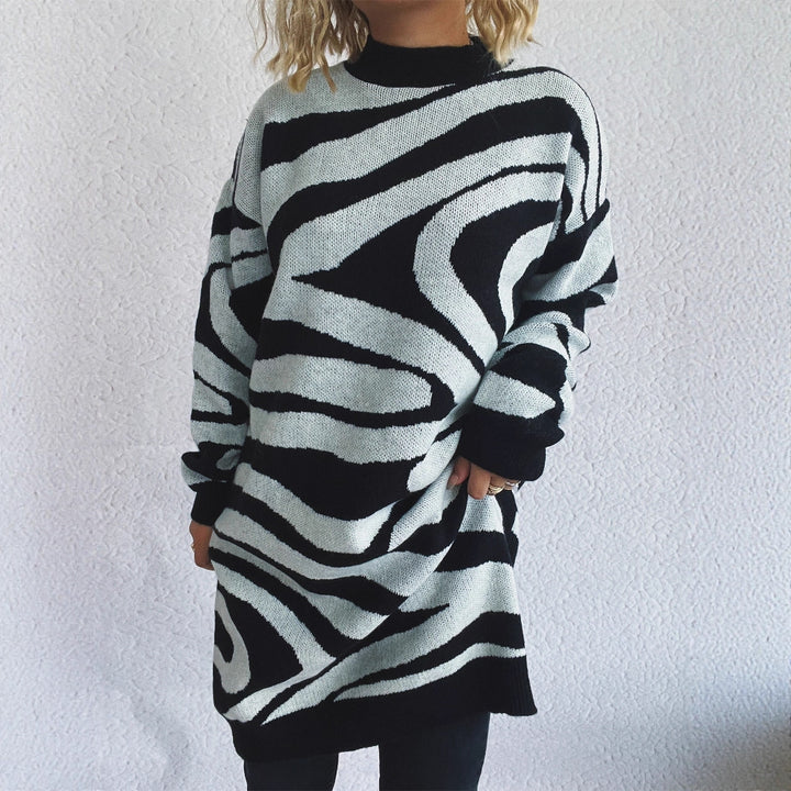 Damen oversized Strickpullover mit modernem Zebramuster Drune
