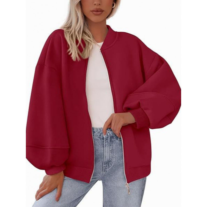 Damen lässige Oversized-Jacke mit Reißverschluss und ballonen Ärmeln Drune