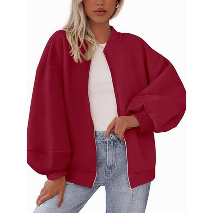 Damen lässige Oversized-Jacke mit Reißverschluss und ballonen Ärmeln Drune