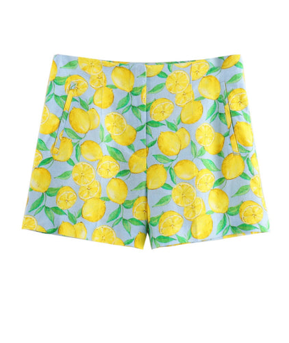 Damen Stoffshorts mit fröhlichem Zitronenprint und seitlichen Eingrifftaschen Drune