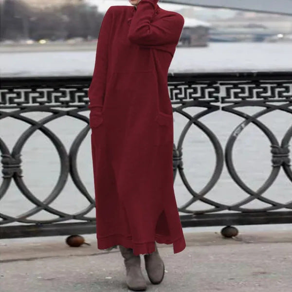 Damen nan langes Strickmaxikleid mit Seitenschlitzen und aufgesetzten Taschen Drune