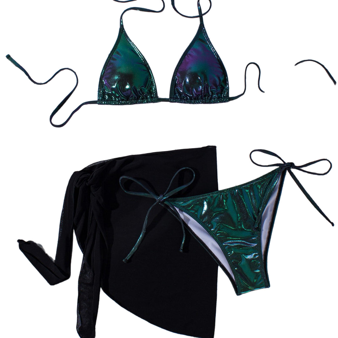Damen Glänzender Triangel-Bikini mit Wickelrock Drune