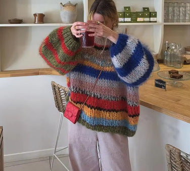 Damen Kuscheliger Strickpullover mit weit ausgestellten Ärmeln und buntem Streifenmuster Drune