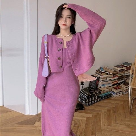 Damen Strickkleid mit passendem Cardigan und Knopfdesign Drune