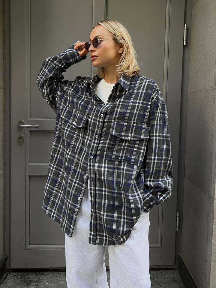 Damen Flanell-Hemdjacke mit zwei Brusttaschen und lässigem Schnitt Drune