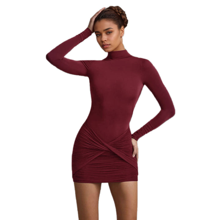 Damen figurbetontes Minikleid mit hohem Kragen und Raffungen Drune