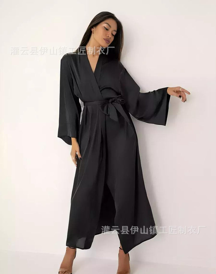 Damen eleganter Morgenmantel aus fließendem Stoff mit Gürtel und weitem Schnitt Drune