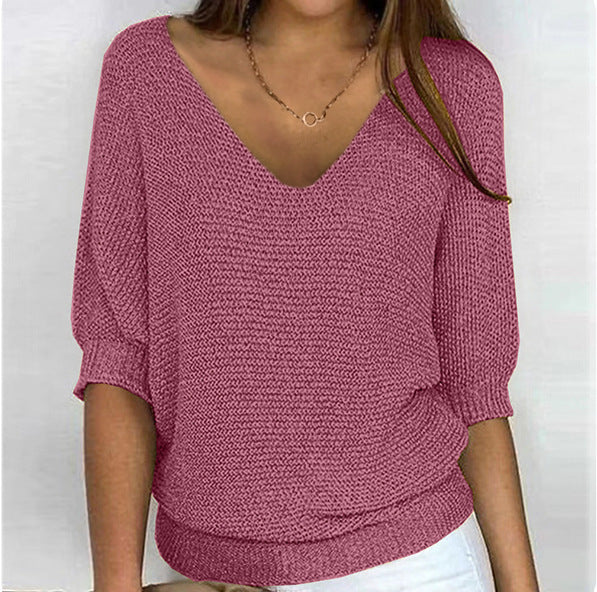Damen nan lässiger Strickpullover mit V-Ausschnitt und Fledermausärmeln Drune