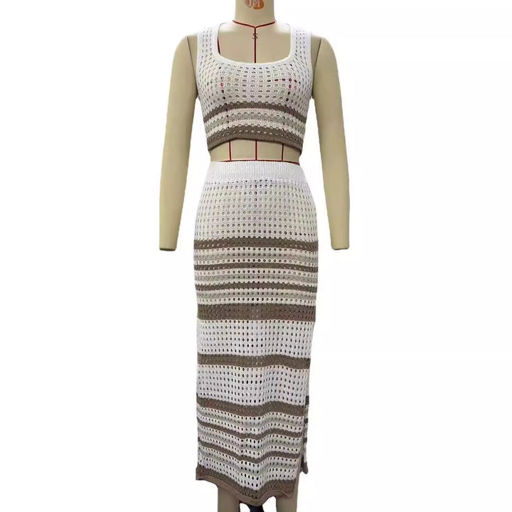 Damen elegantes gestricktes Zweiteiler-Set mit geometrischem Lochdesign Drune