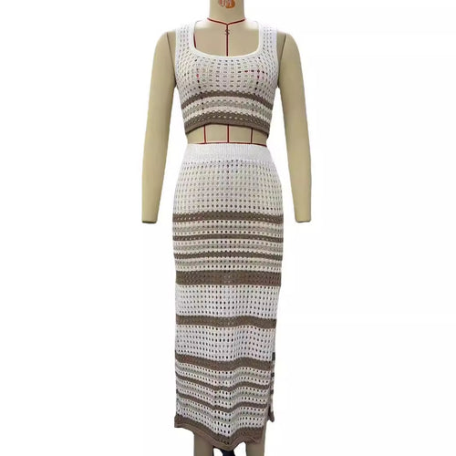 Damen elegantes gestricktes Zweiteiler-Set mit geometrischem Lochdesign Drune