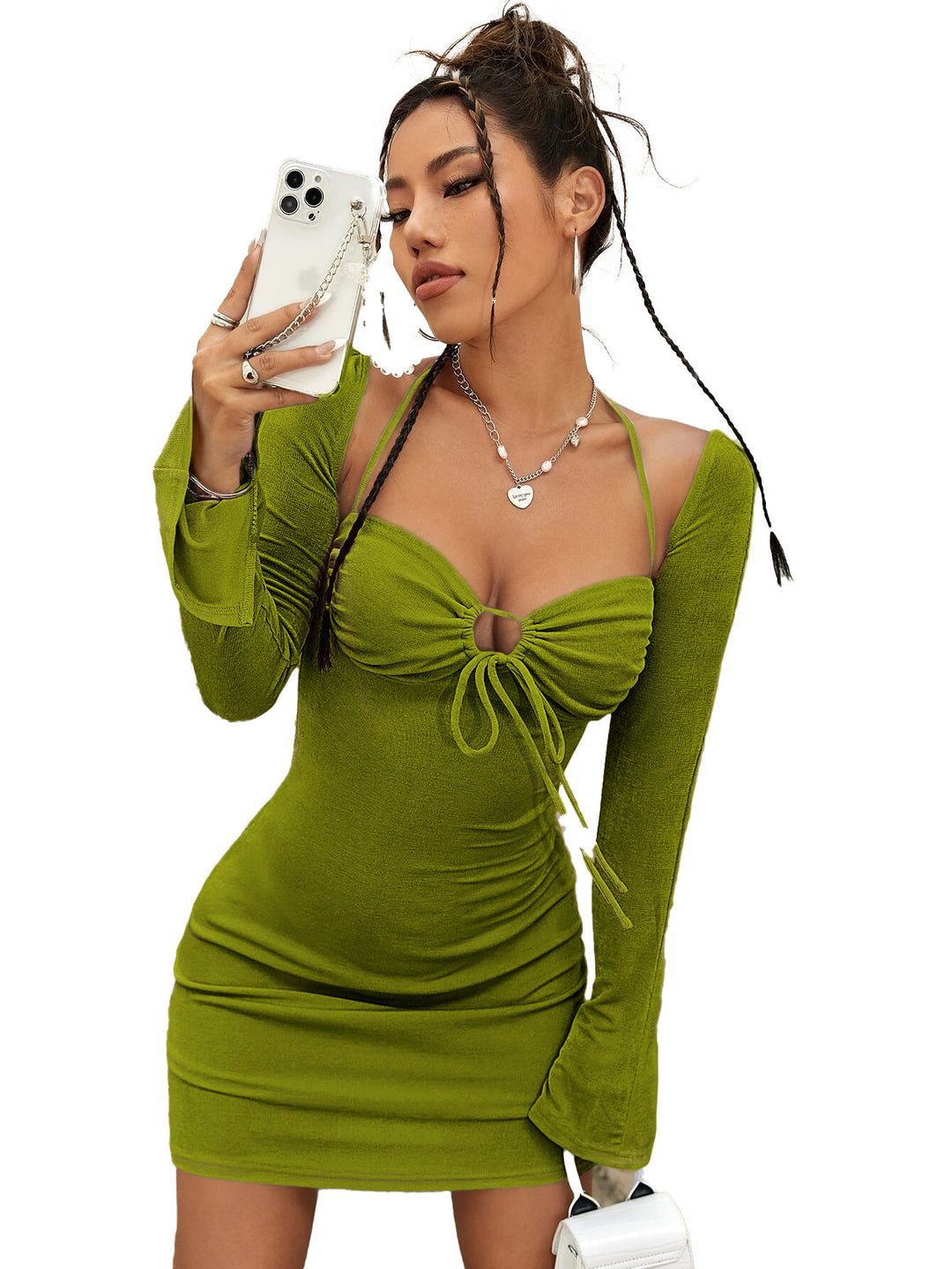 Damen figurbetontes Minikleid mit verstellbarem V-Ausschnitt und langen Ärmel Drune