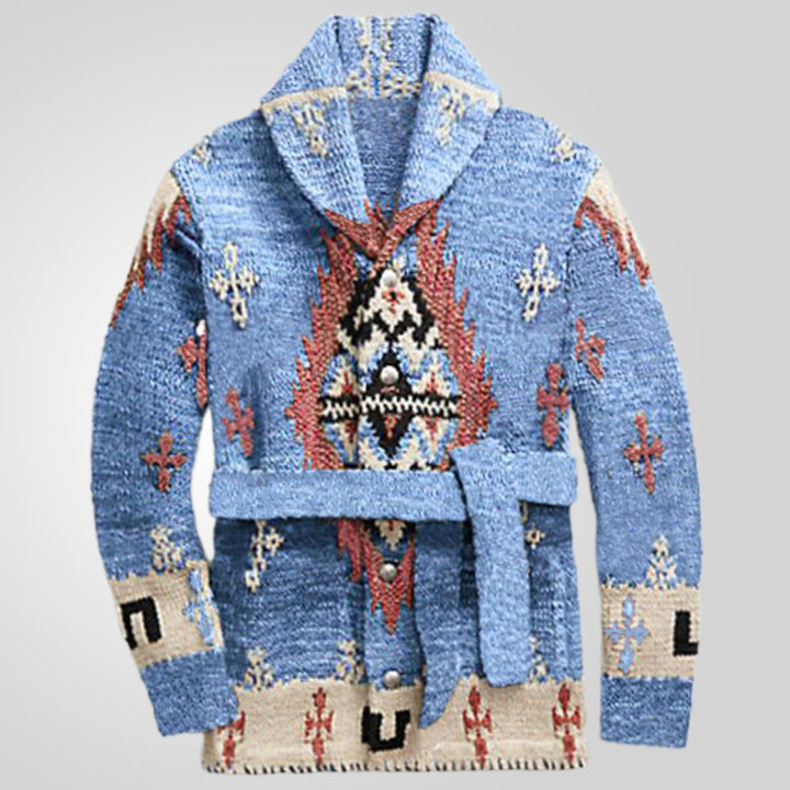 Damen gemütlicher Strickmantel mit dekorativem Muster und praktischem Gürtel Drune