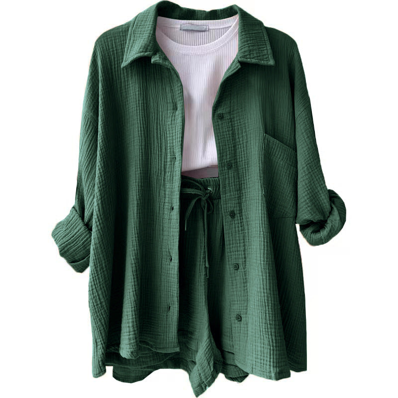 Damen lässiges Komfort-Set aus kurzem Top und Oversized-Hemd Drune