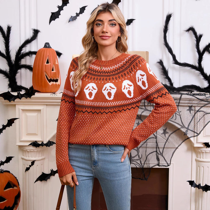 Damen Gemusterter Strickpullover mit Halloween-Motiv Drune