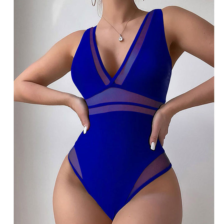 Damen Eleganter Einteiler Badeanzug mit tiefem V-Ausschnitt und transparenten Einsätzen Drune