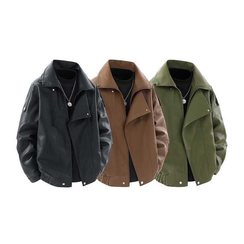 Damen modische Kunstlederjacke mit hohem Kragen und praktischen Seitentaschen Drune