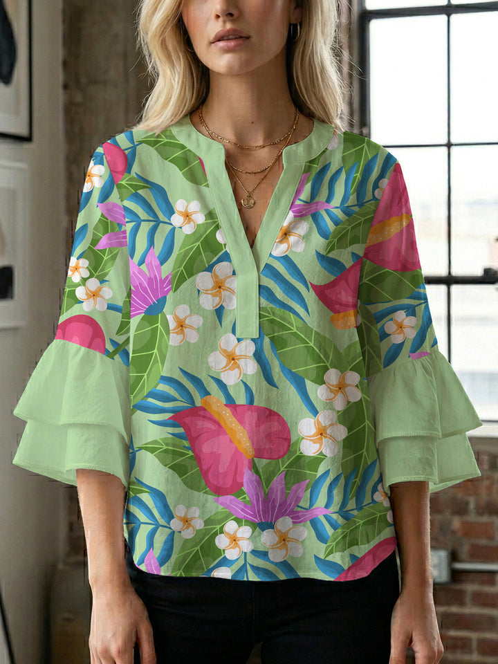 Damen elegantes Blusenshirt mit voluminösen Rüsenärmeln und grafischem Blumendesign Drune