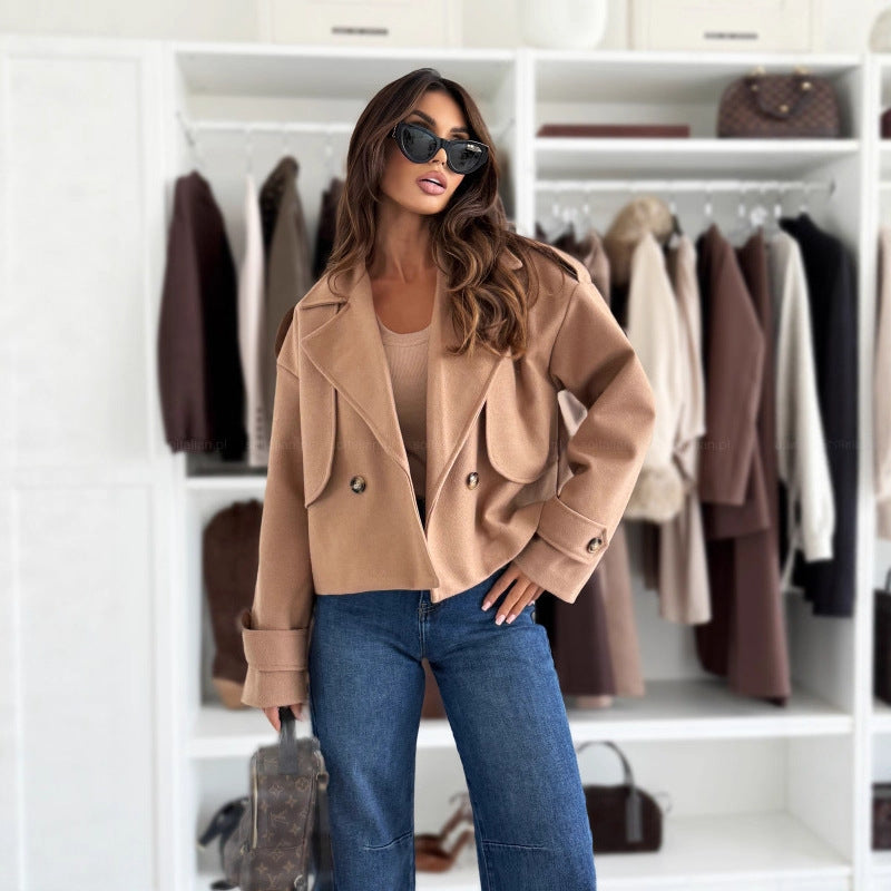 Damen Trendige cropped Blazerjacke mit doppelter Knopfleiste und breitem Revers Drune