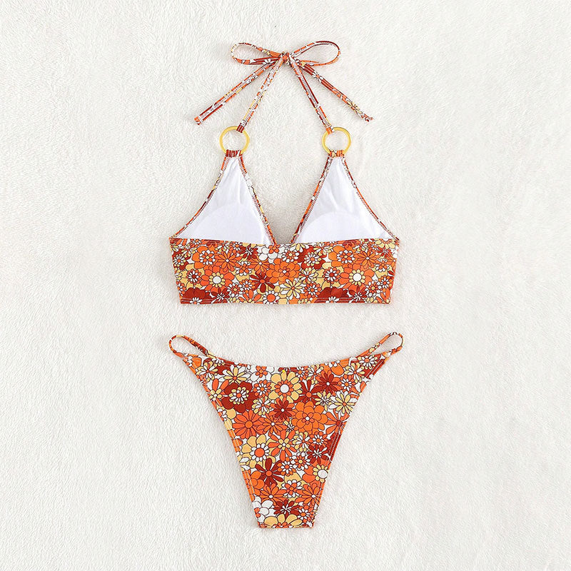 Damen Triangel-Bikini mit floralem Muster und goldenen Ringdetails Drune